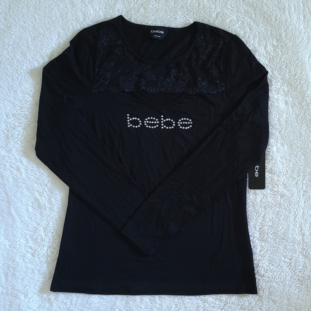 bebe Black🖤 Peek-a-boo Lace Accent Top - NWT - Picture 12 of 15